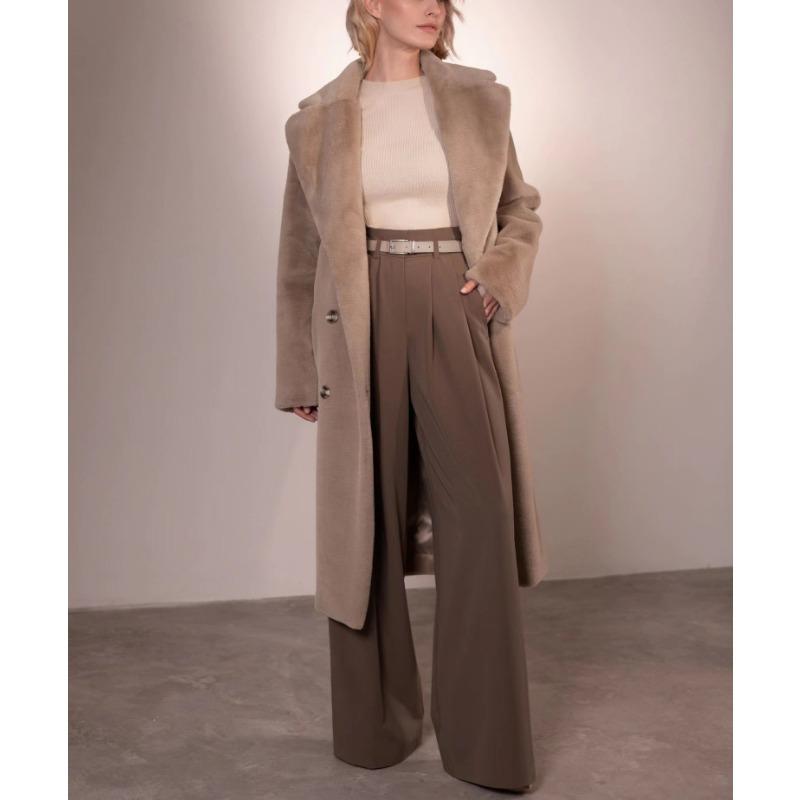 Dámský podzimní zimní zahuštěný dlouhý kabát z norkového sametu, luxusní bunda z imitace králičí kožešiny s páskem, klopami, trenčkot