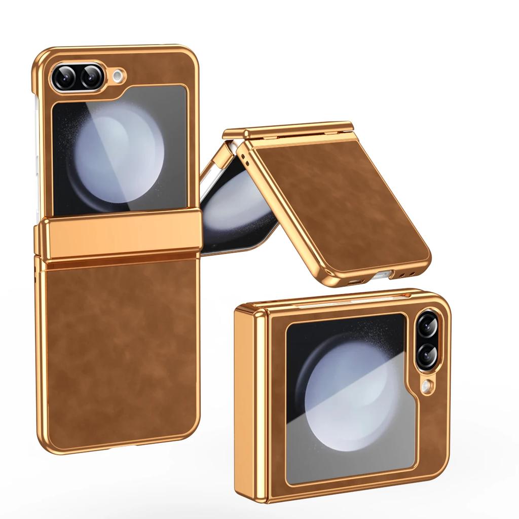 PU Leather Phone Case for Samsung Z Flip 7 fe 6 5 4 3 Flip6 Flip5 Flip4 Flip3 Hinge Protective Gold Frame Cover