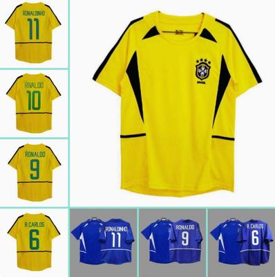 2002 World Cup Brazil Retro Football Jersey: Carlos #6, Ronaldo #9, #11, and Ball Apparel.
