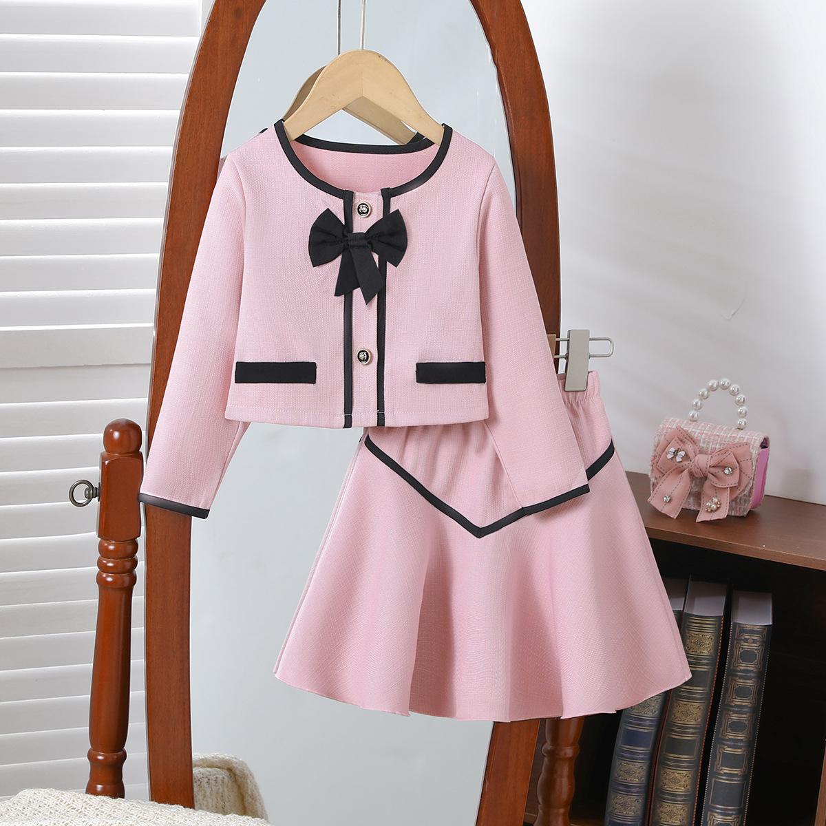 

Милый набор для девочек: Осенняя детская мода Розово-белый комплект из двух предметов: куртка с круглым вырезом и юбка с бантом 3-4Y~100cm розовый