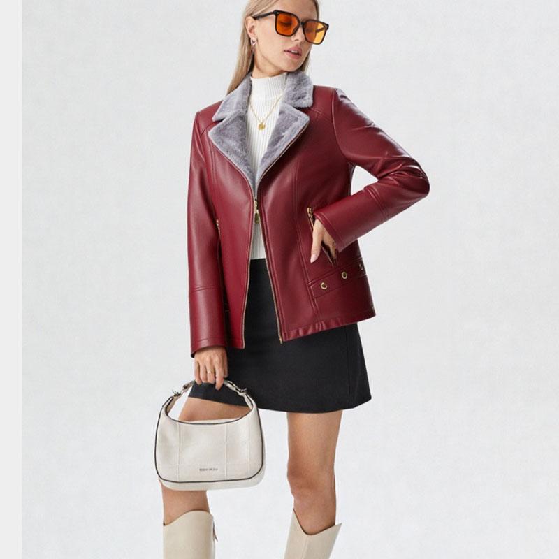 Winter Women's Fleece Leather Jacket Thick Warm PU Leather Jacket Slim Turn Down Collar Flocked Plus Size Leather Coat