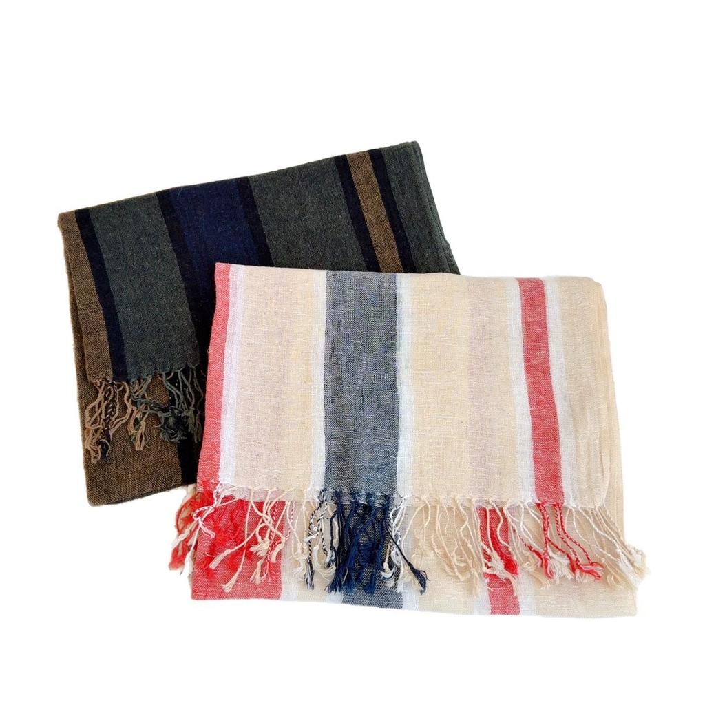 Artistic Style Vintage 45%Cotton and 55% Linen Striped Scarf Women Breathable Korean Soft Scarf and Shawl for Men and Women