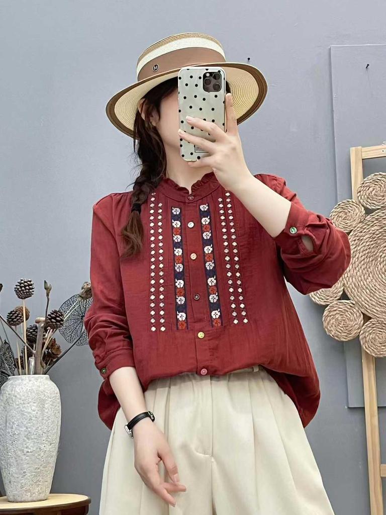 Women's Long Sleeve Embroidered Cotton Shirt, Ethnic Style, Loose Fit, Retro, Slimming Temperament Top