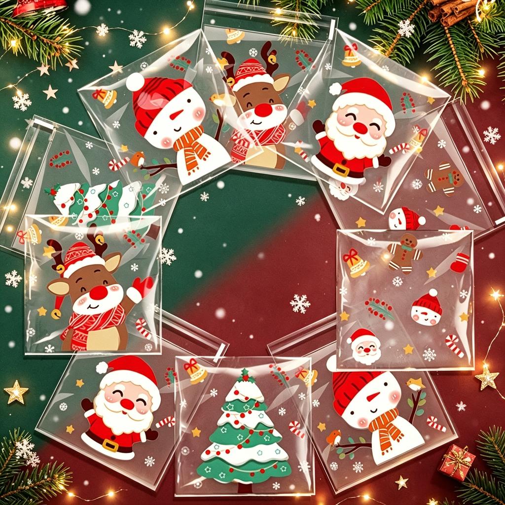100Pcs Christmas Cellophane Candy Bags, Self-adhesive Candy Bags, Goodie Cookie Gift Bags for Christmas Party Favors Wrapping