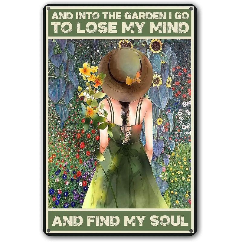 Girl In Garden Tin Painting for Dorm Home Hallway Room Decor