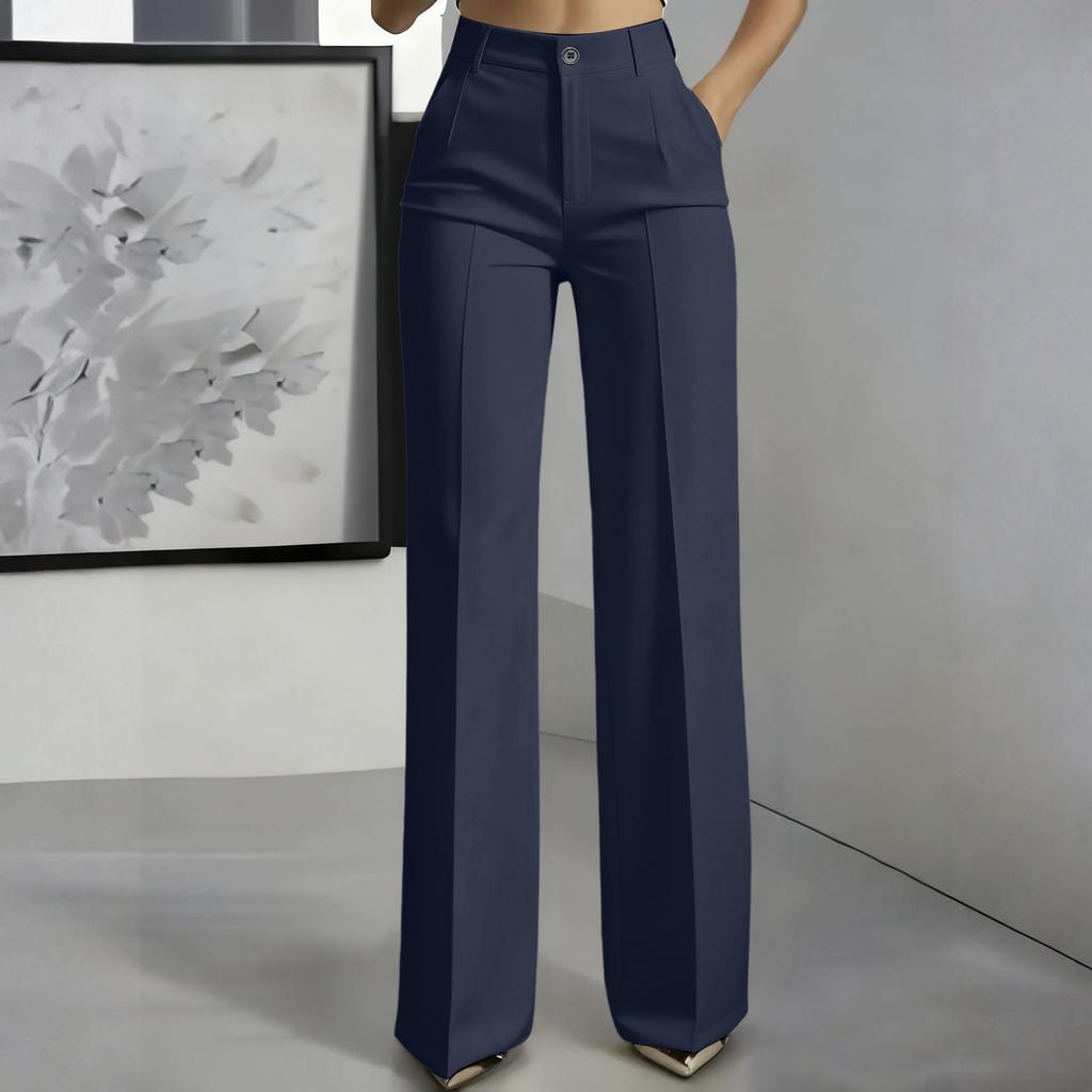 High Waist Wide Leg Hose für Damen Klassische Gerade geschnittene Business Casual Hose mit Taschen und Knopfleiste