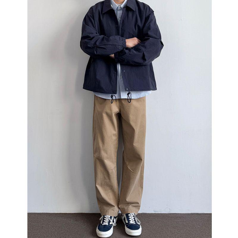 Men's Japanese Retro Loose-Fit Coach Jacket - Turn-Down Collar, Versatile Solid Color, Simple Spring/Autumn Workwear, Trendy Uniform Style.