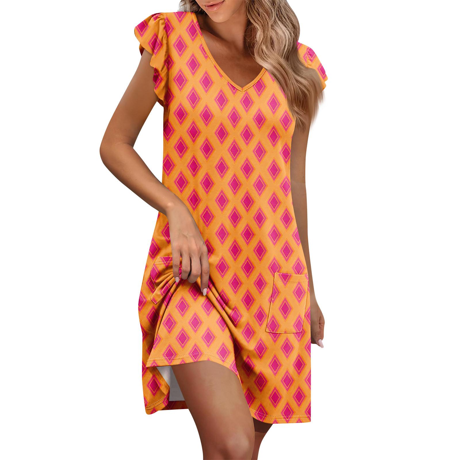 

Womens Summer Dress Ruffle Sleeve V Neck Short Dresses Fashion Casual Flowy A Line Swing Sundress With Pocket M шафрановий