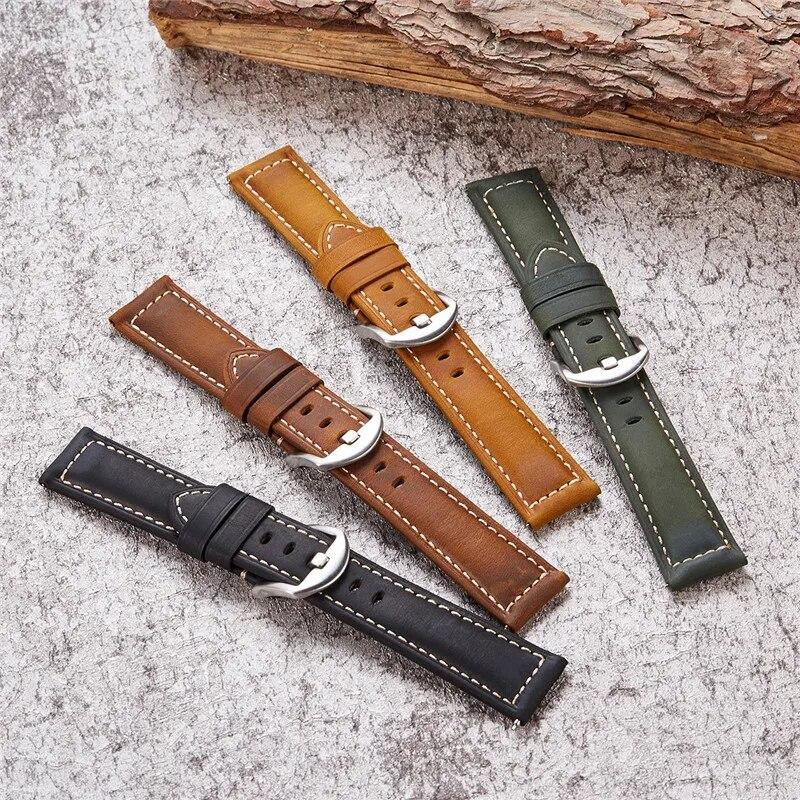 Genuine Leather Strap 20/22/24/26mm Stainless Steel Buckle Men Retro Crazy Horse Leather Replacement Wrist Band Watch Accessory