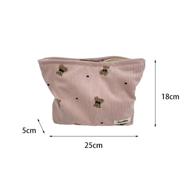 Portable Cartoon Bear Makeup Bag Corduroy Large Capacity Cosmetic Bag Pen Bags For Women Lady Girl