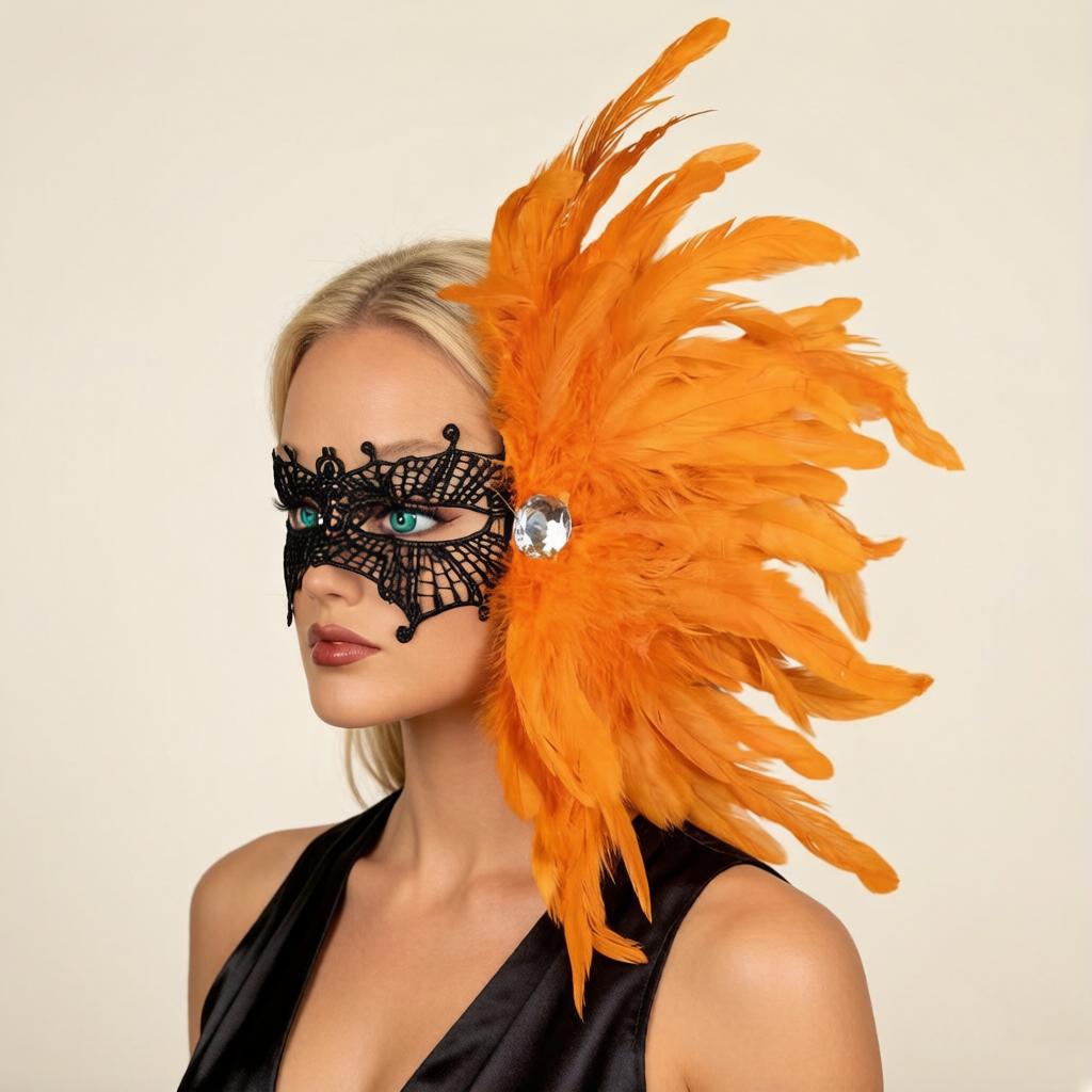 Feather Side Headpiece with Lace Eye Mask for Carnival Parade Masquerade Ball Mardi Gras Party Samba Dance Costume Outfit
