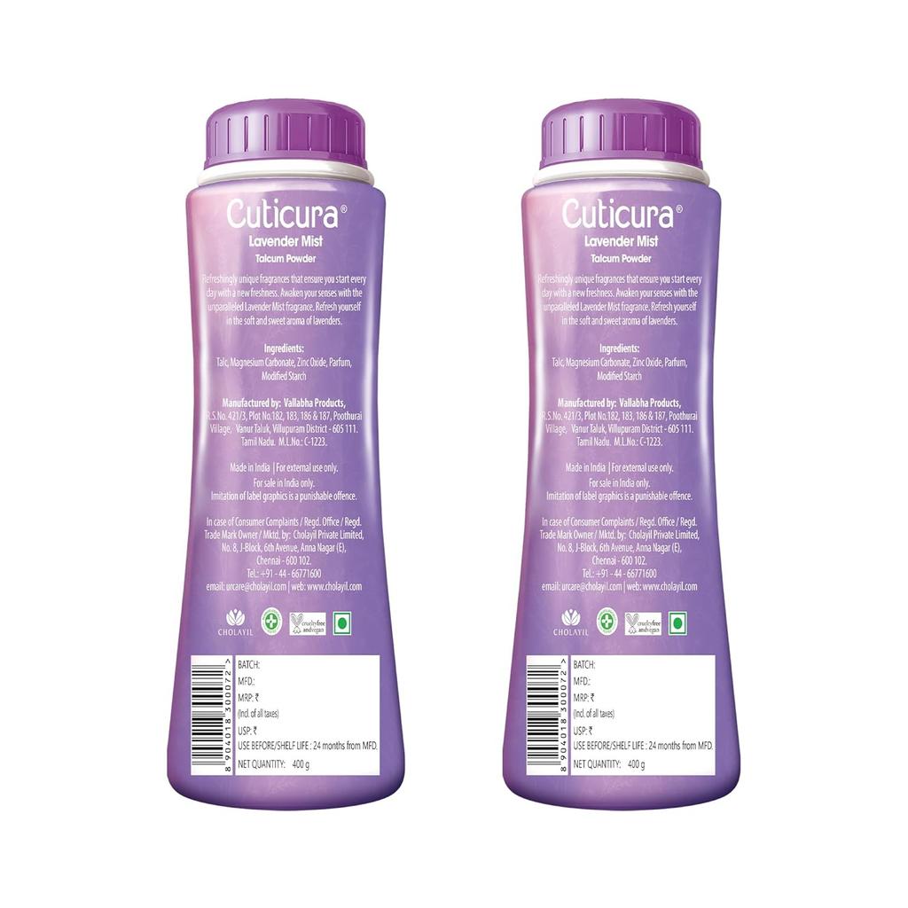Cuticura Lavender Mist Talcum Powder With Sunscreen For Soft Skin Fresh Fragrance 400 G Each Pack Of 2 For Long Lasting Comfort