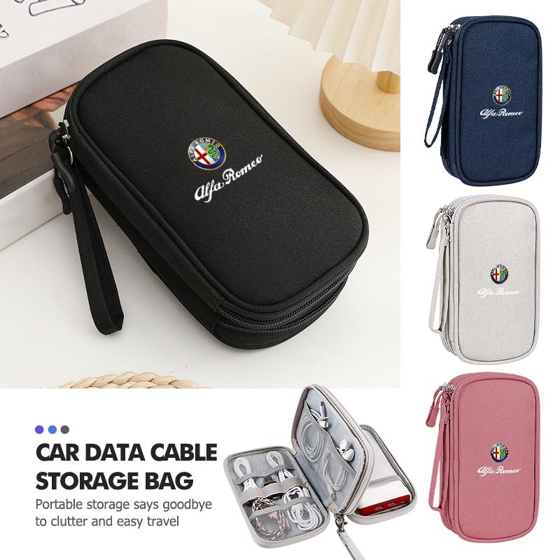 Car Logo Portable Data Cable Waterproof Storage Bag Accessories For Alfa Romeo 159 Giulietta Giulia 147 Mito 156 159 166 GT