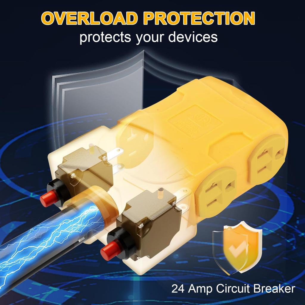 50 Amp To 20 Amp 110V RV Distribution Adapter, 240V To 120V, NEMA 14-50P To 4 X 5-20R/15R RV Generator Adapter, 4-Prong Plug To Mutiple Household