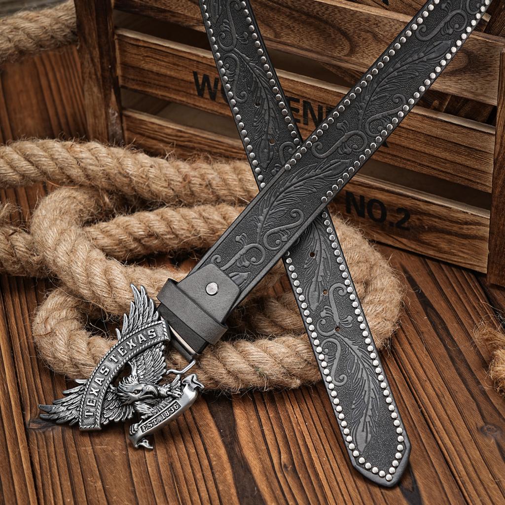 Men & Women-Western-Cowboy-PU Leather-Belts - Vintage horse Belt Floral Engraved Buckle Belt for Jeans