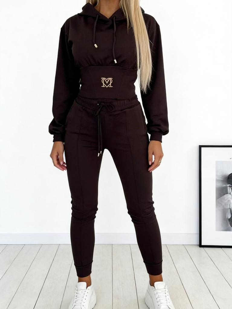 New Autumn Winter Waist Shaping Casual Sports Set with Hood Top and Pants Outfit