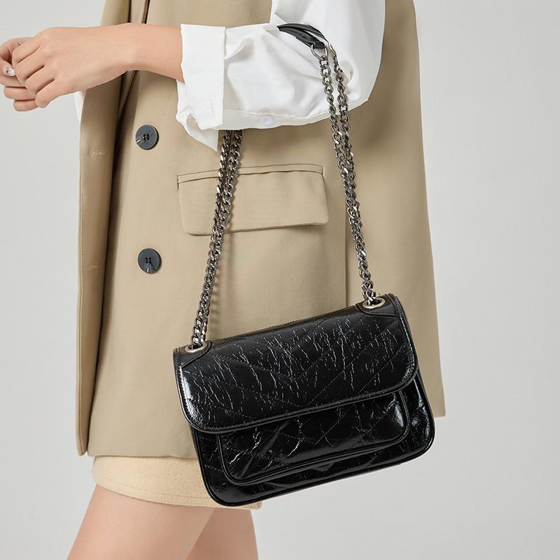 New niche shoulder bag women's chain bag burst pattern first layer cowhide messenger bag women