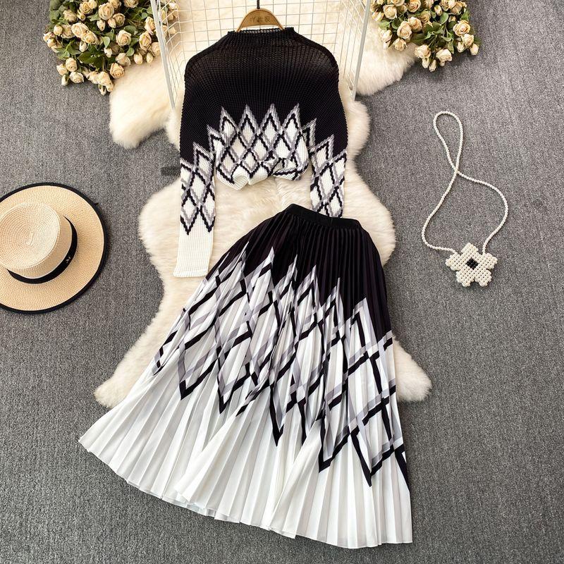 Sanzhai Ruched Celadon High Waist Skirt Fashion Suit