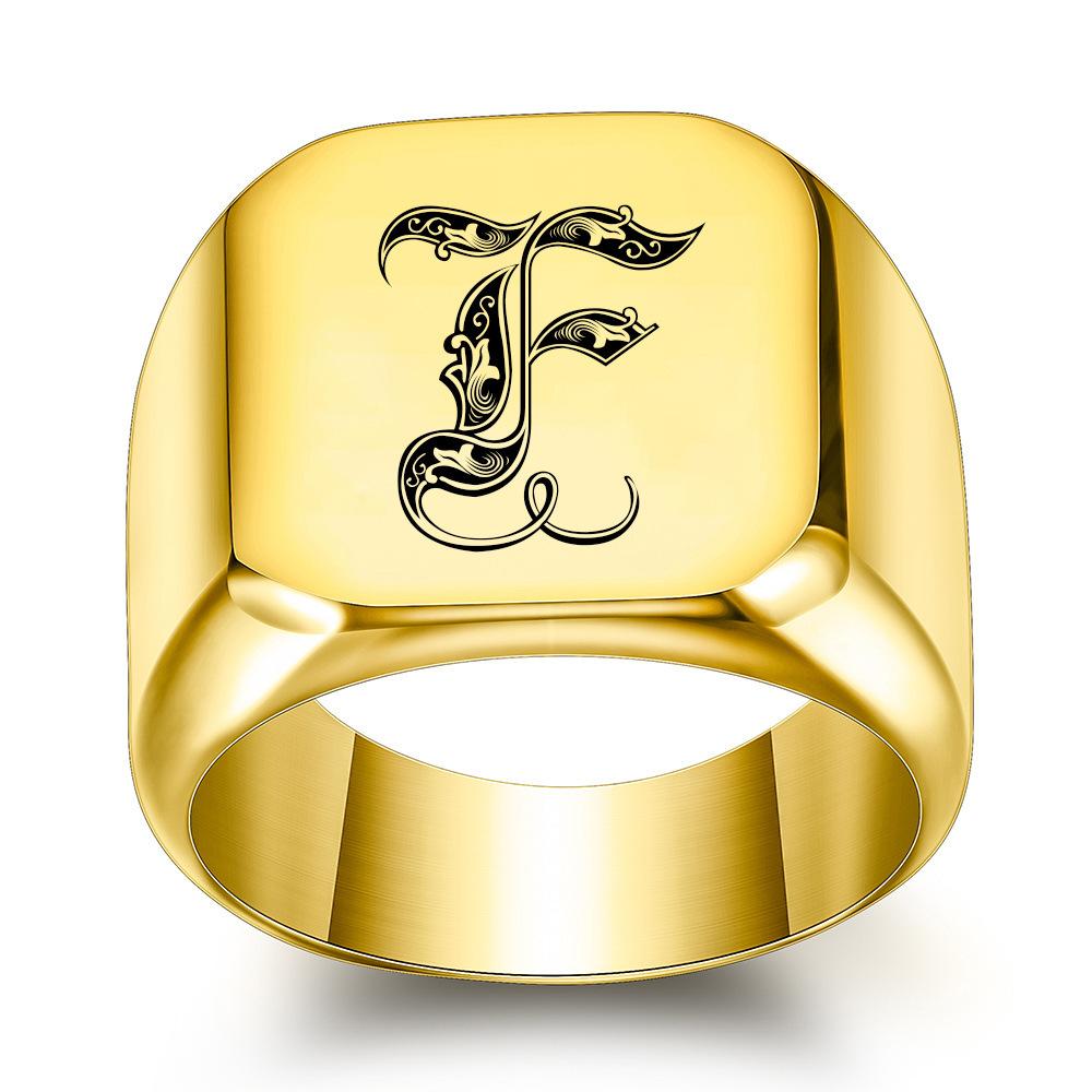 Europe, America 26 personalized English initials titanium steel ring male retro punk square 14MM gold trendy male wholesale