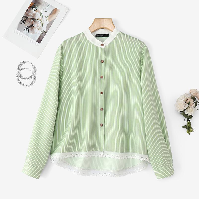 ZANZEA Women Casual Round Neck Long Sleeve Lace Splice Stripe Blouse