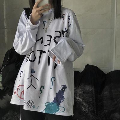 Dámská trička s dlouhým rukávem s potiskem písmen Ins BF topy Dámská šik trendy univerzální retro volná trička Dámské ležérní každodenní topy