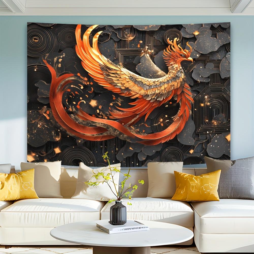 Elegant Phoenix-Themed Polyester Tapestry | Vibrant Red & Golden Design with Abstract Geometric Patterns | Ideal for Liv