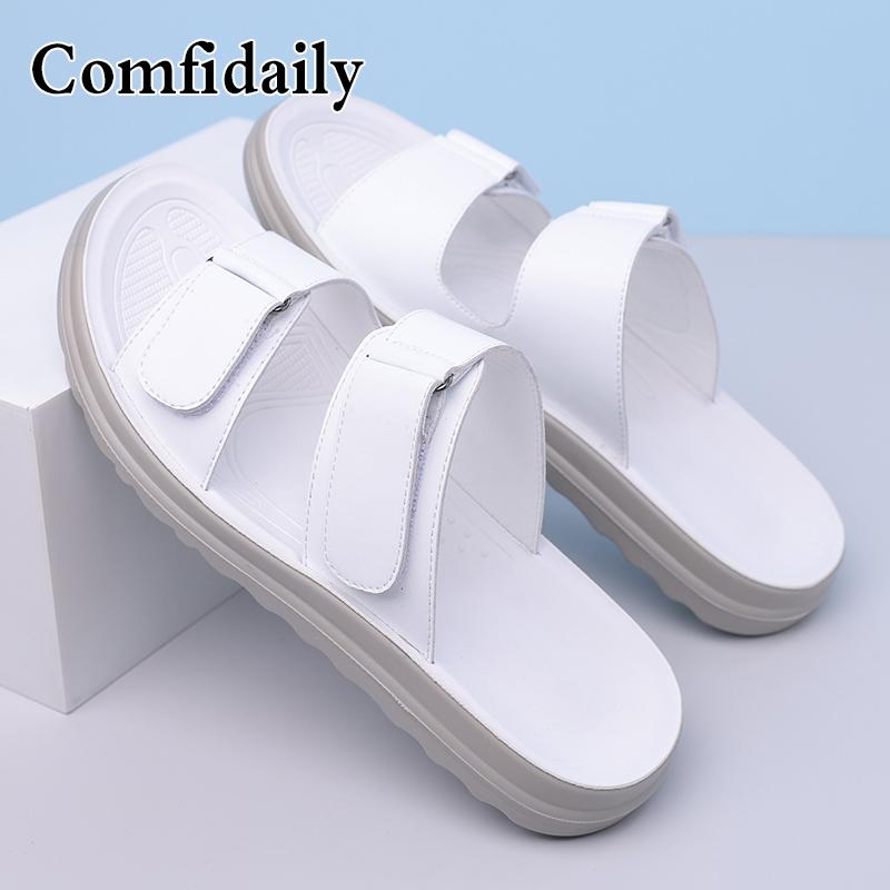 

Men Black Leather Slippers Flats Summer Brown Outdoor Sandals Outdoor White Beach Shoes Over Sized 46 47 48 EU:48 білий