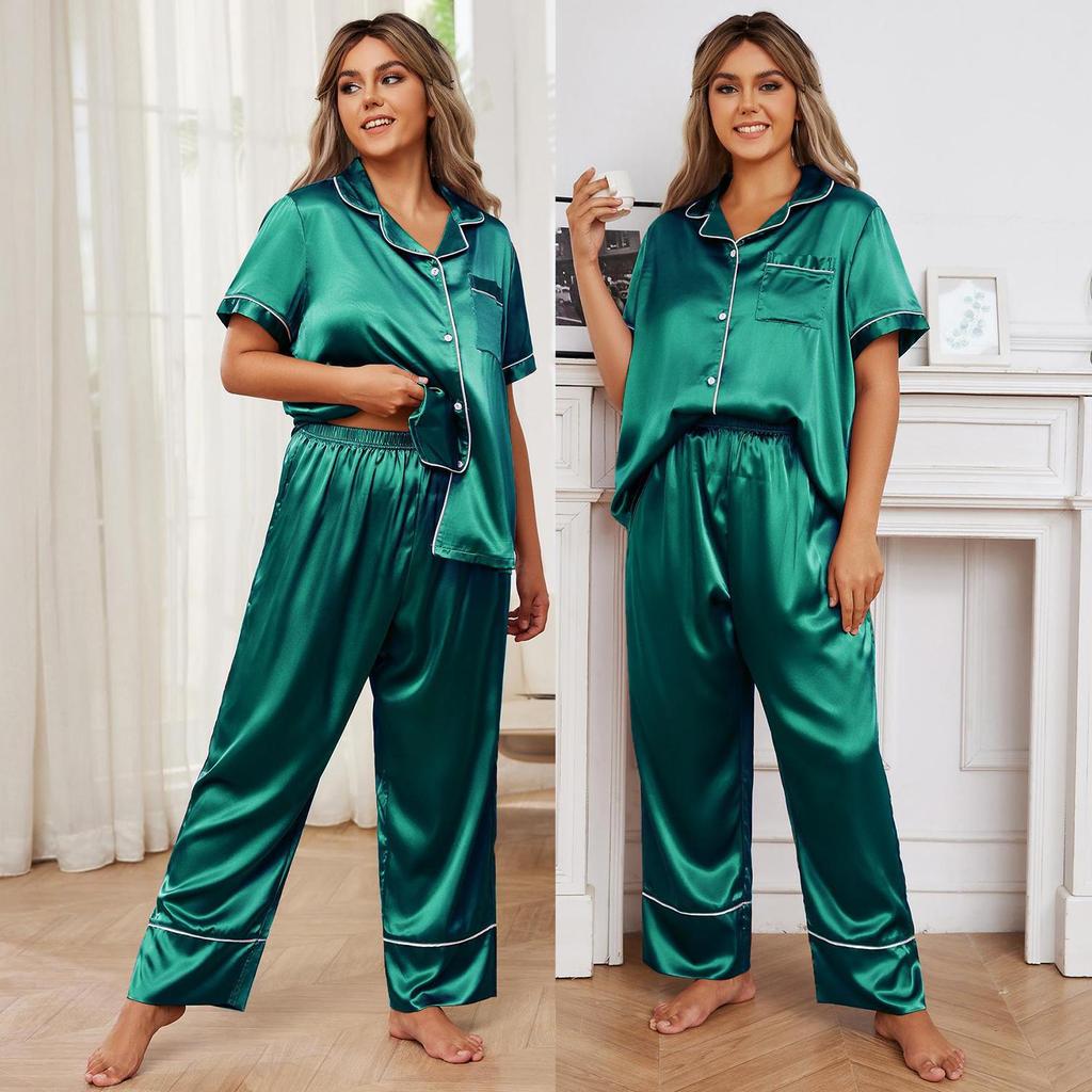 Schlafanzüge für Damen in Übergröße, Hemd- und Hosenset aus Kunstseide, Satin, große Größe, Pyjama, Frühlings- und Sommerkleidung, Nachtwäsche, Freizeitkleidung für zu Hause
