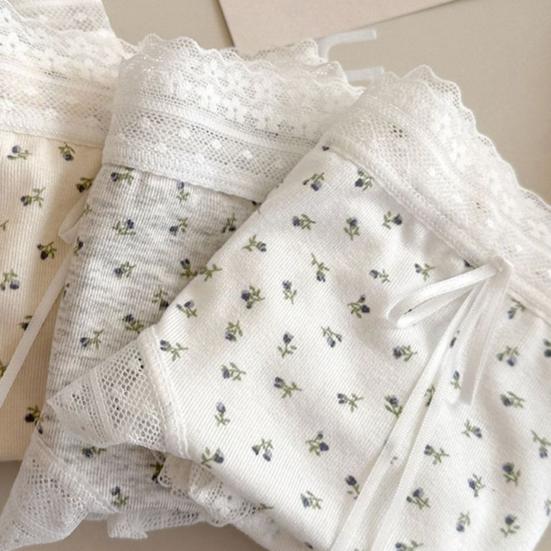 Damunderkläder i bomull med spetskant och blommigt tryck, sömlösa hipster-trosor, mjuka, söta, andningsbara trosor