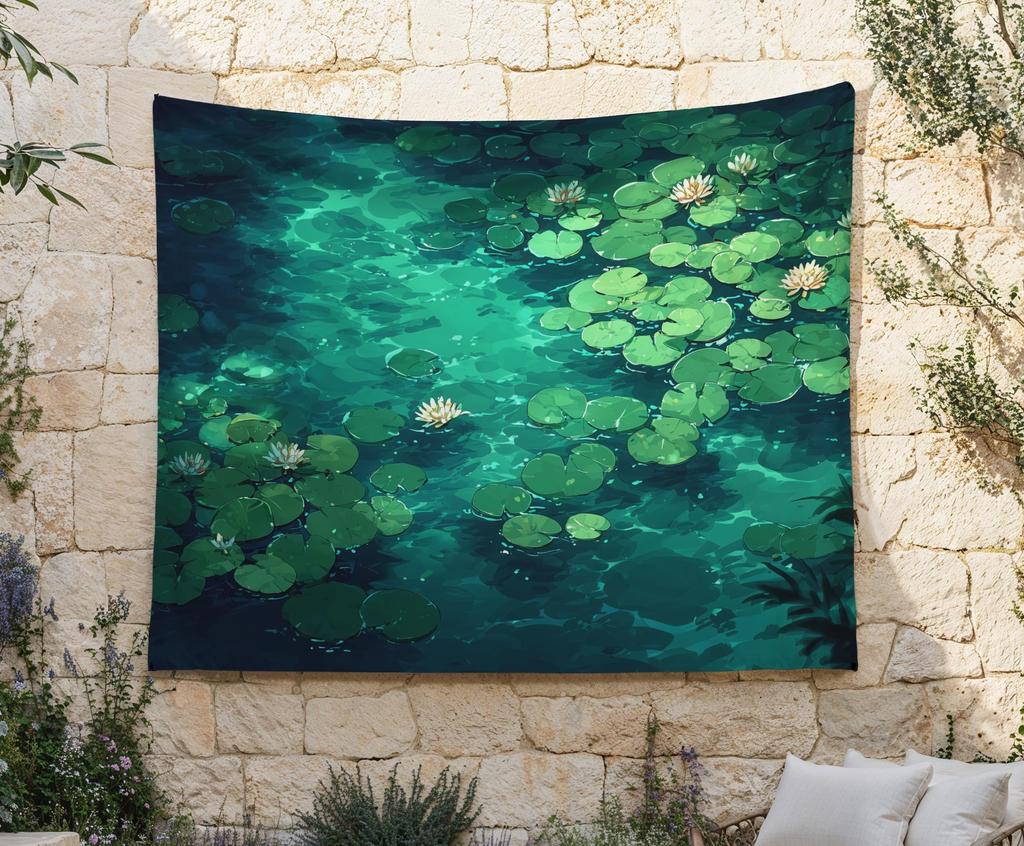 Lily Pads and Lotus Flowers Tapestry Green Lily Pad Wall Hanging Water Lilies Cloth Hanging Pond Wall Cloth Botanical Wall Decor