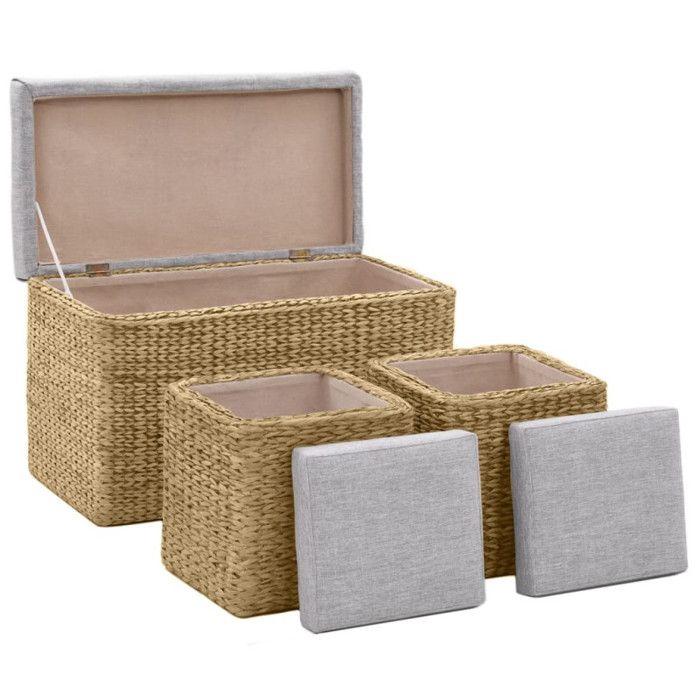 VidaXL Banc avec 2 Poufs Jacinthe d'Eau Gris Ottomane de Rangement Banquette 246105