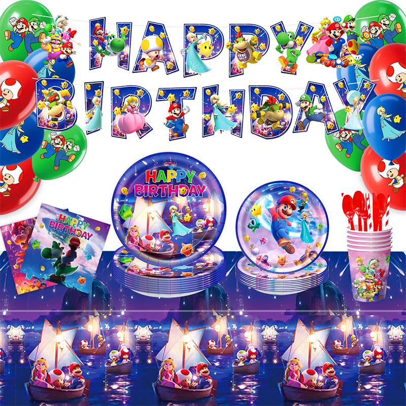 Anime Super Mario Bros Geburtstagsparty Dekoration Mario Luigi Einweggeschirr Tischdecke Serviette Teller Geschenktüte Partyzubehör