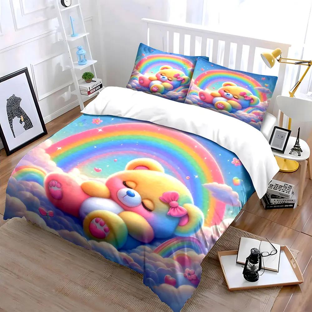 "Rainbow Teddy Bear Gift Set" Multiple sizes kid's and adults' bedroom Exquisite 3PC bedding set, gift