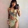 European and American new beach dress sexy backless printing high split long dress lace-up slim dress