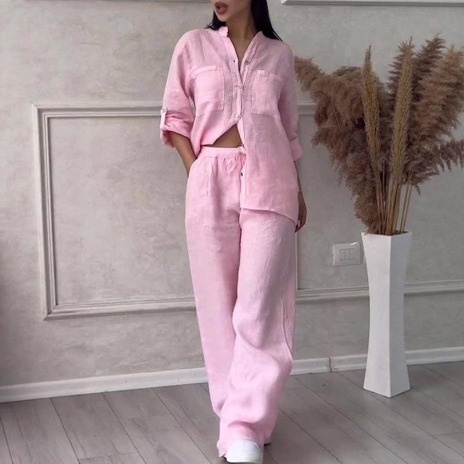 2025 Euro-americká sada bavlněných lněných košil a širokých kalhot