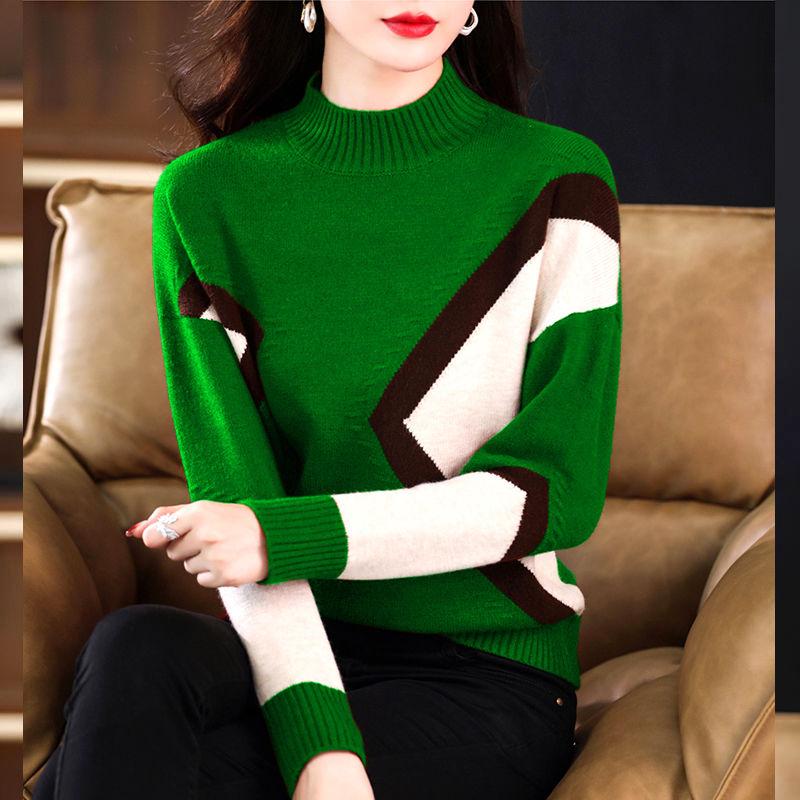 Women Knitted Sweater Pullover Autumn Winter New Korean Long Sleeve Loose Casual Color Block Sweater Fashion Female Tops