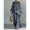 16 European and American artistic sense abstract graffiti cotton and linen set, round neck bat sleeve top + wide leg pants loose two-piece set