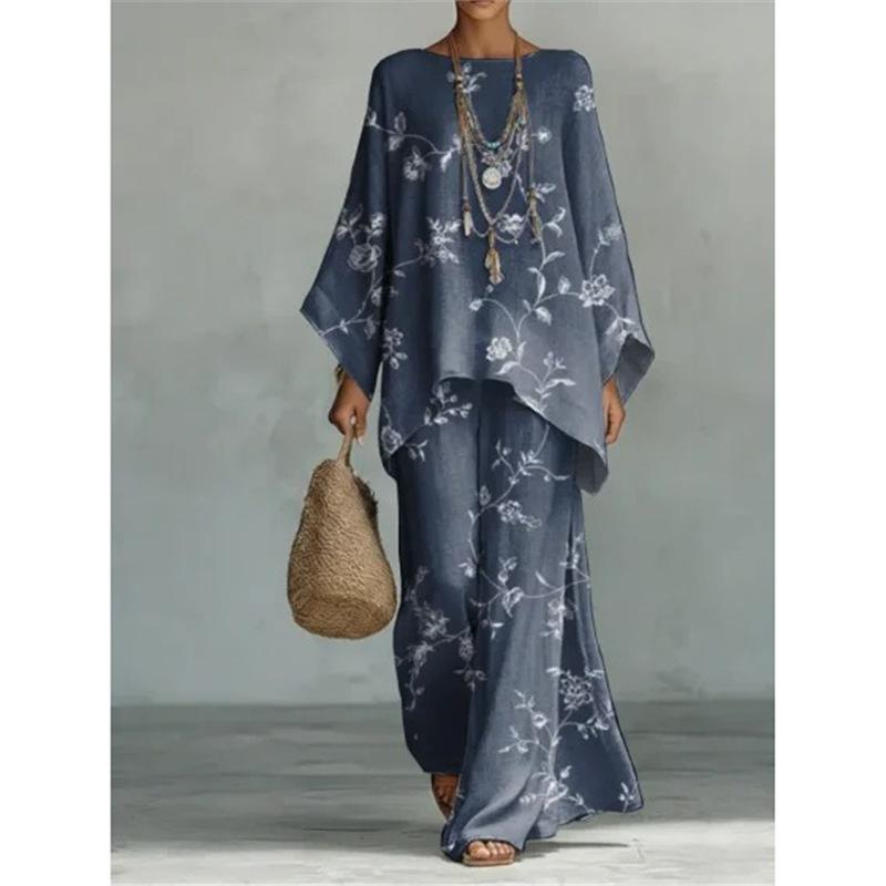 16 European and American artistic sense abstract graffiti cotton and linen set, round neck bat sleeve top + wide leg pants loose two-piece set