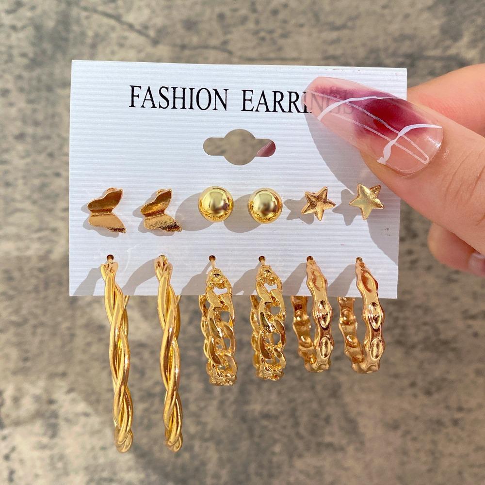 6 Pair Gold Vintage Geometry Pearl Earrings Set Metal Twine Square Dangle Earrings