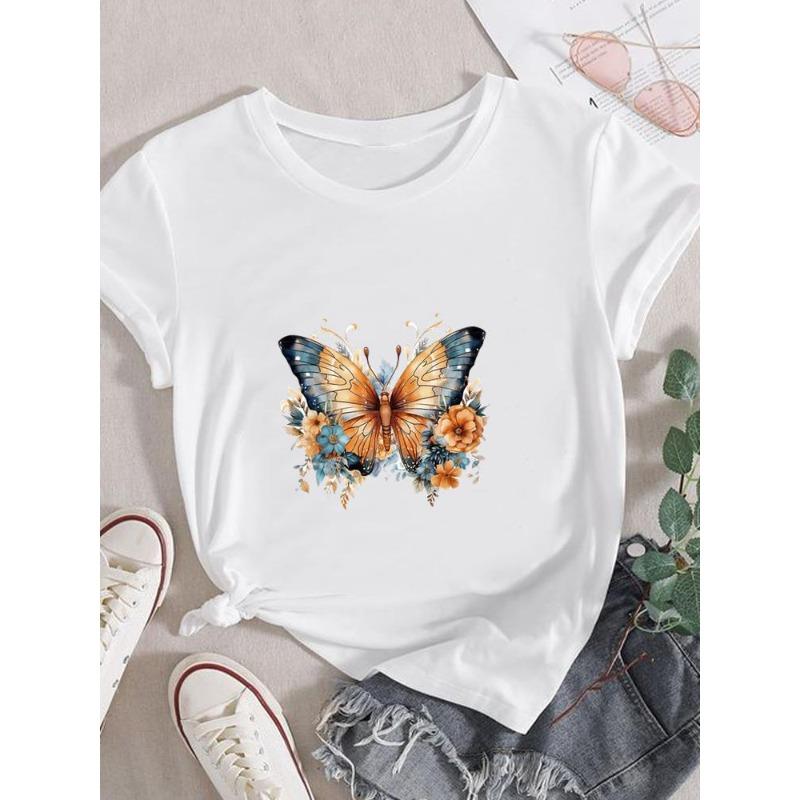 (European Size)  Lovely Women Short Sleeve Fashion Tee Trend Watercolor Style Top Clothing Print Lady Casual T-shirt Female Graphic T-shirts