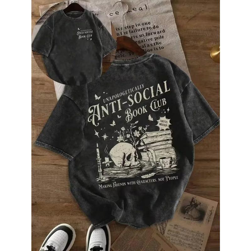 

Vintage Washed T-Shirt | Soft Crew Neck Short Sleeve with Retro Graphic & Letter Print, Casual Summer Top, Breathable Layerable 5XL