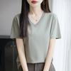 2026 Summer New V-neck Short-sleeved T-shirt Women's Solid Color Joker Pullover Shirt with Loose Sleeve Bottom Shirt