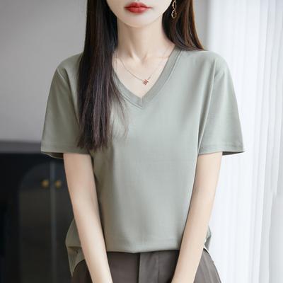 2026 Summer New V-neck Short-sleeved T-shirt Women's Solid Color Joker Pullover Shirt with Loose Sleeve Bottom Shirt