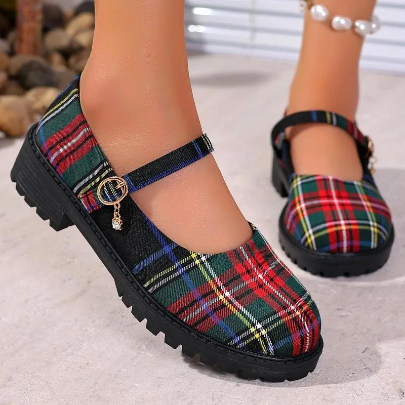 Damen Sneaker Frühling Damen Runde Zehenpartie Student Lolita Schuhe Bequeme High Heels Sneaker Damen Plateau Karomuster Mary Jane Schuhe