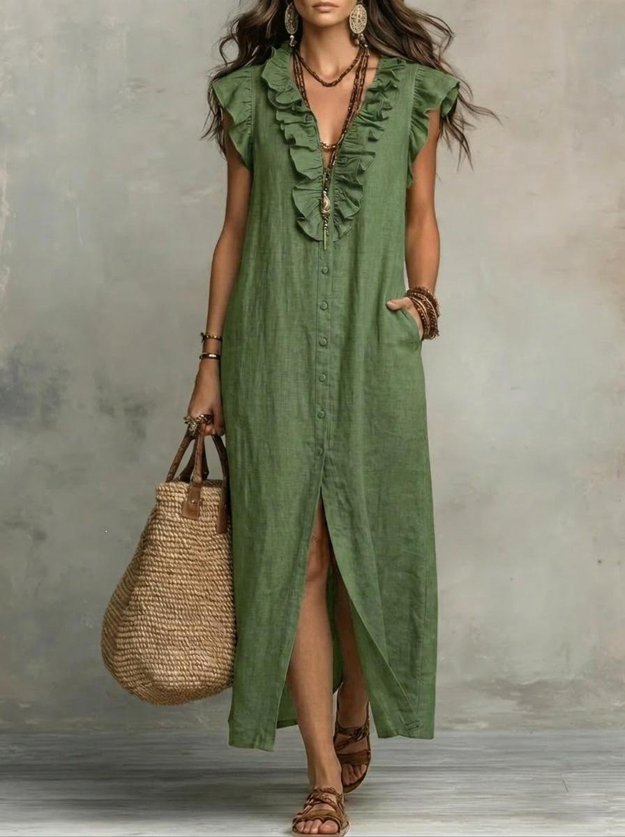 European and American women s clothing summer women s cross-border new casual sleeveless V-neck lace button split loose women s dress S