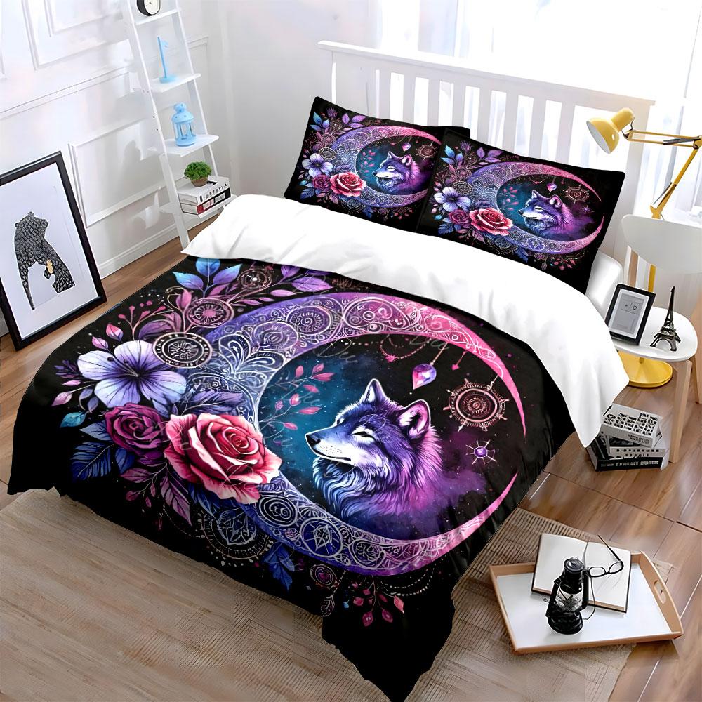 Moon Wolf Floral Decor Set Bedding Set with 1 Duvet Cover 2 Pillowcases Single Double King Queen, Gift