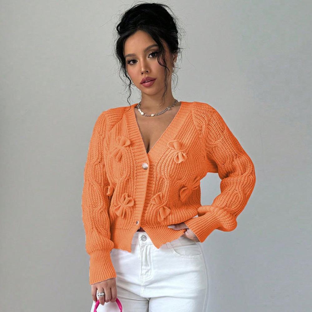 Women's V‑Neck Long Sleeve Knit Cardigan Loose Fit Commuter Style 3D Bow Decor Sweater