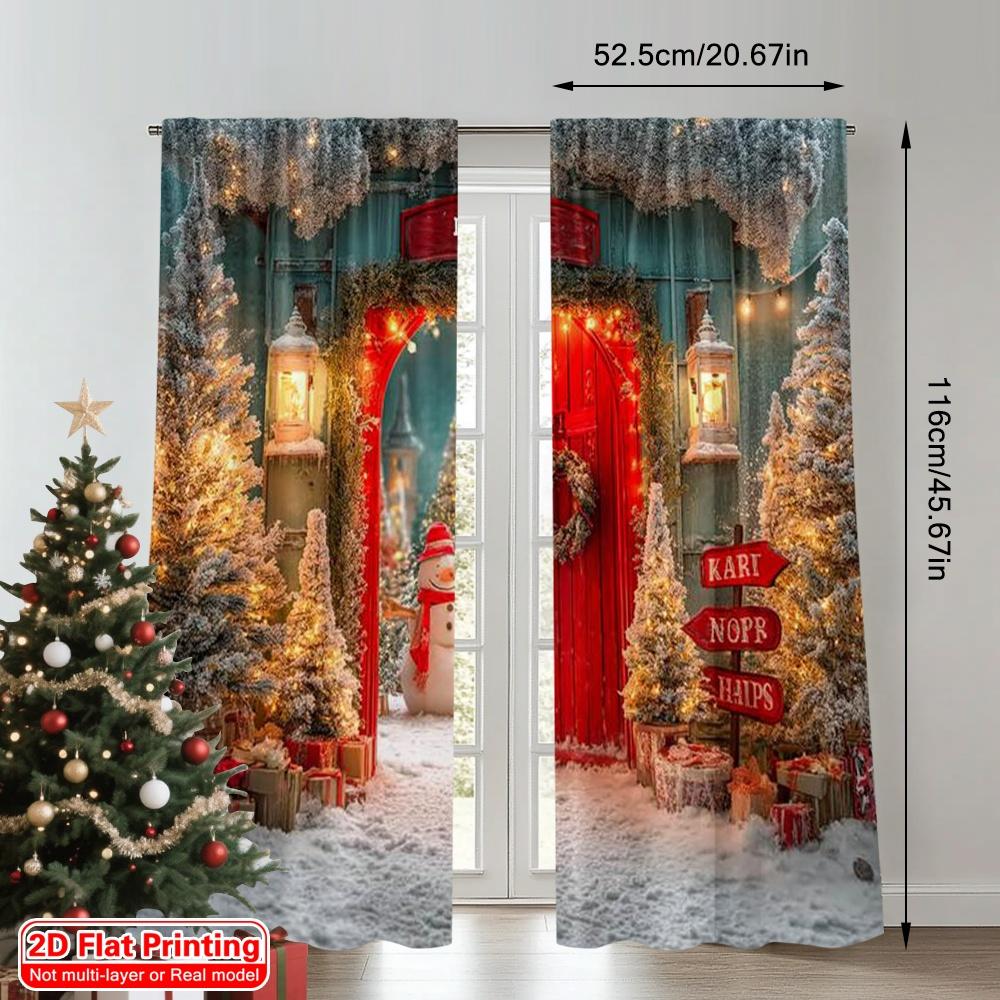 2pcs 2D flat printing Merry Christmas Popular Party Window Curtains Pine Snow Trail (2) Durable Polyester Without Electricity