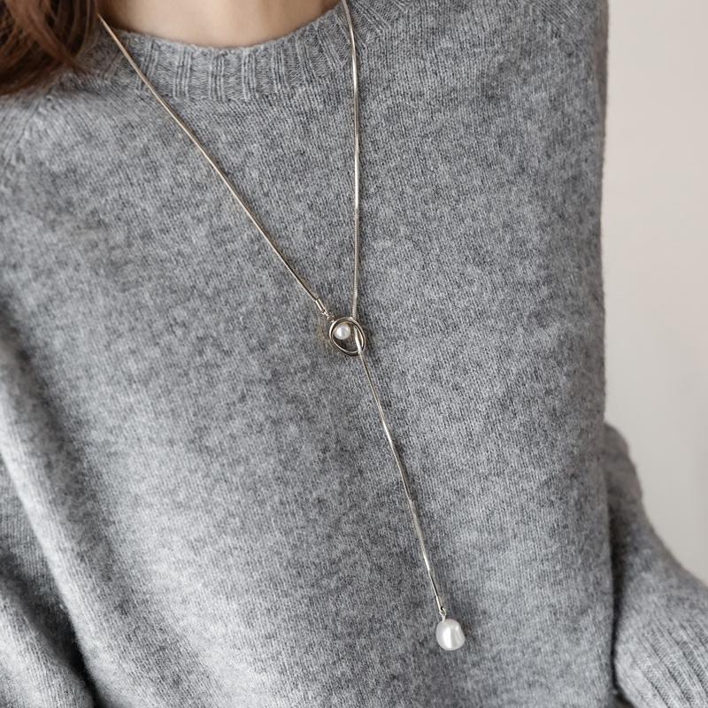 Stainless Steel Pull-out Adjustable Chain Baroque Pearl Pendant Long Necklace for Womens Fashion Sweater Chain New Jewelry