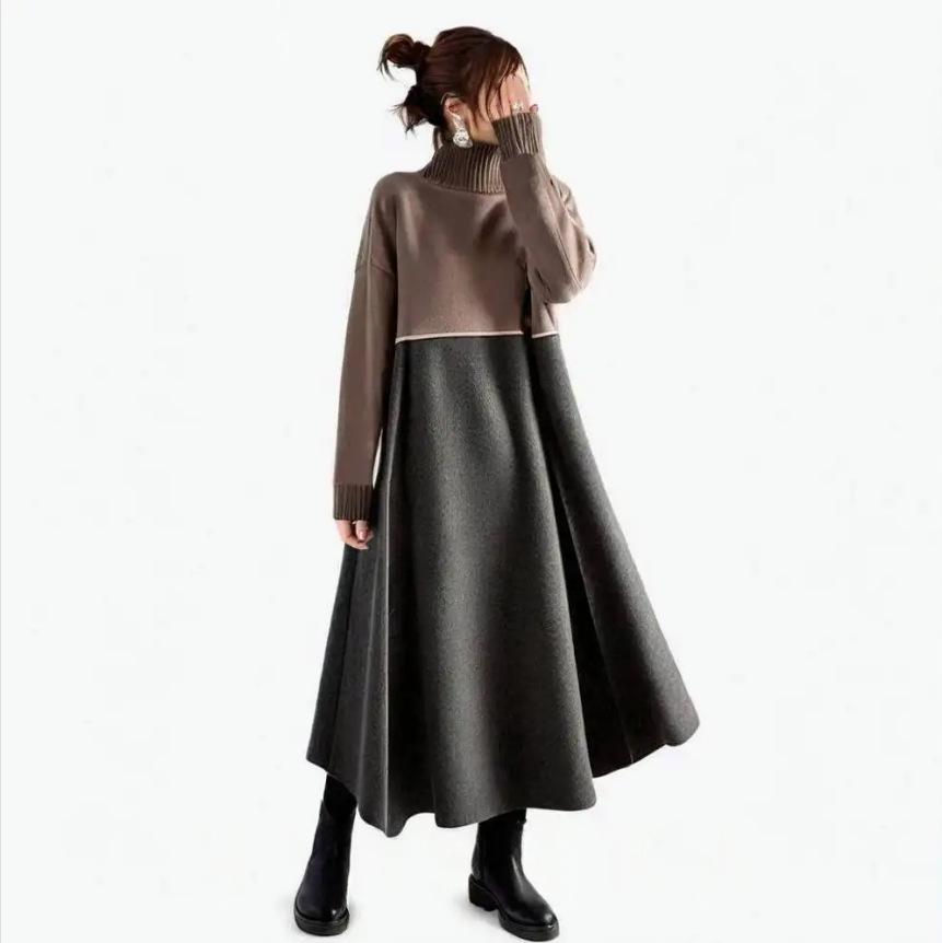 Cross2025 Autumn Winter Retro Knit Dress - Women s Korean-Japanese Style, Mid-Length, Over-the-Knee Lantern Sleeve Wool Dress Small